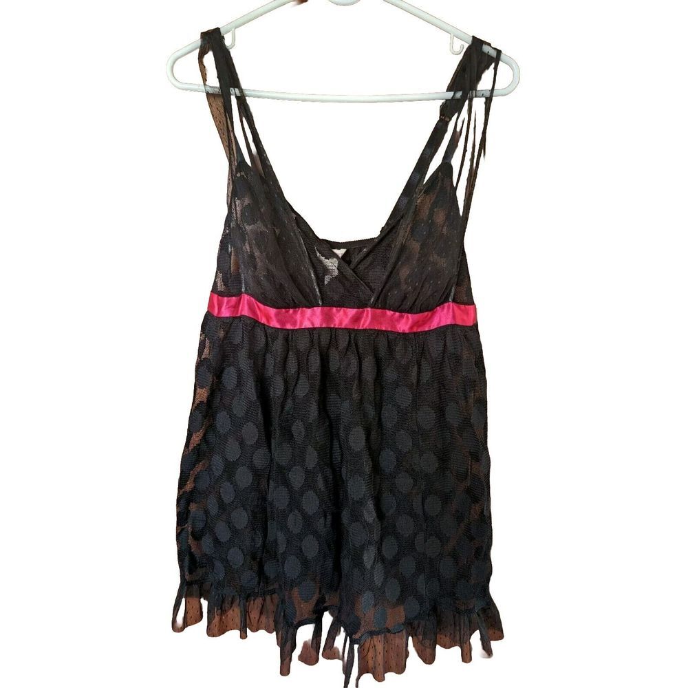 Cacique Black  Polka Dots Lingerie Babydoll‎ Boudoir Sheer pink Trim 14/16
